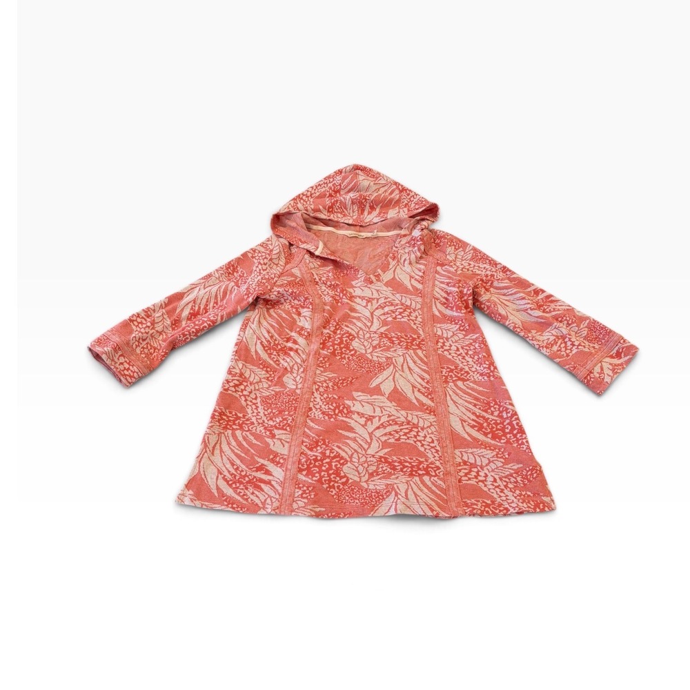Soft Surroundings Coral Tropical Leaf Hooded Tunic Top Cotton Size S 2EY96